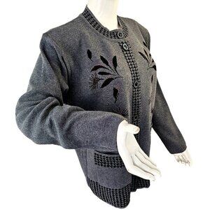 T-C Fashion Gray Embellished Cardigan Womens XL Acrylic Knit Black Embroidery